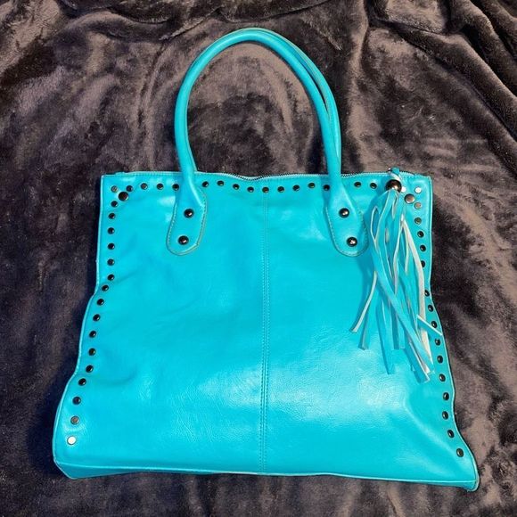 Revolution Turquoise Blue Leather Studded Shoulder Bag Top Handle Purse Tassel - Picture 3 of 13